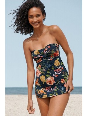 Klassisches Blaues Blumen-badekleid Mit Rüschen Mit Spaghetti-strap