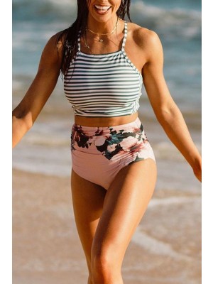 Stripe High Neck Switchback Cross Back Hohe Taille Zweiteiliges Bikini Set