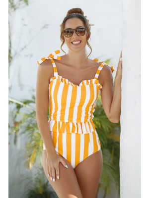 Gelb Und Weiss Gestreifter Quadratischer Hals Rüschen Verstellbare Straps Tankini Set