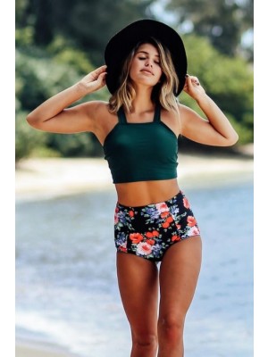 Grün Blumen Hochhals Breiter Riemen Hohe Taille Zweiteiliges Bikini-set