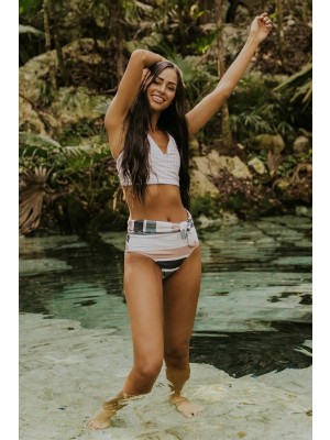Active Graues Hahnenstuhl V-ausschnitt Seitenbindungen Gestreiftes Criss-cross Hohe Taille Zweiteiliges Bikini-set