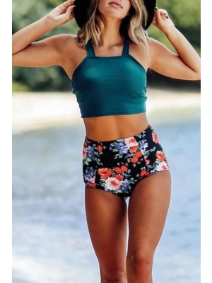 Zweiteiliger Bikini-Badeanzug mit hoher Taille und Blumenmuster