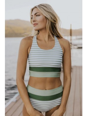 Gestreiftes Raceback-Bikini-Set mit Rundhalsausschnitt und Reißverschluss
