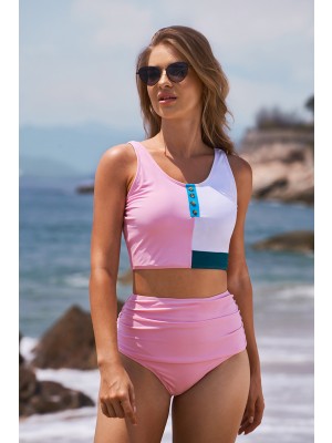 Niedlicher Rosa Colorblock Hochhalsknöpfen Hohe Taille Zweiteiliges Bikini Set