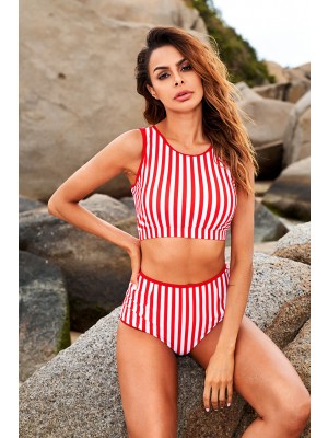 Rot Und Weiss Gestreiftes Bikini-set Mit Hohem Ausschnitt Mit Hoher Taille