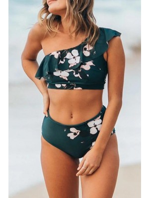 Grüne Blumendruck Ruffle Eine Schulter Hohe Taille Zweiteiliges Bikini Set