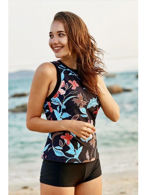 Schwarzes Blumen Tankini-Set Mit Hohem Nacken