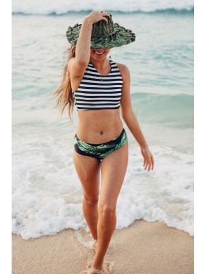 Active Schwarz-weiss Gestreifter Hochhals Breiter Riemen Hohe Taille Zweiteiliges Bikini-set