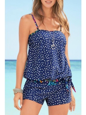 Tankini-set Mit Blauem Polka-punkt-druck Mit Quadratischem Hals-spaghetti-strap
