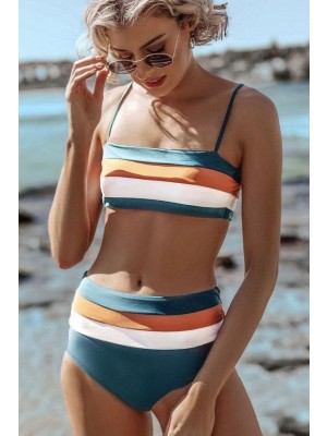 Gestreifte Spaghetti-bänder Verstellbare Bänder Hohe Taille Zweiteiliges Bikini-set
