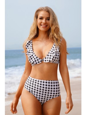 Schwarzer Gingham-print V-ausschnitt Rüsche Selbst Bindender Knoten Im Rücken Hohe Taille Zweiteiliges Bikini-set