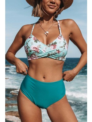 Grüne Blumen Scoop Neck Twist Front Spaghetti Straps Hohe Taille Zweiteiliges Bikini Set