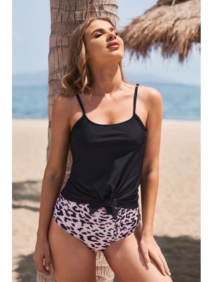 BLOUSON-TANKINI-OBERTEIL MIT SCHWARZEM VORNE UND LEOPARD-UNTERTEIL