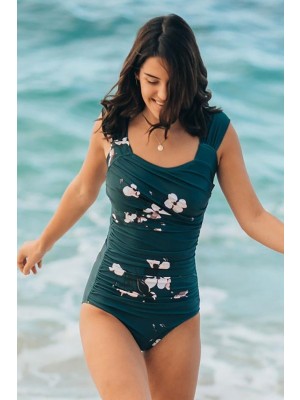 Einteiliger Badeanzug Mit Deep Green Blumen Breiten Riemen