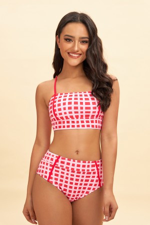 Rot kariertes Bikini-Set mit festem Riemen