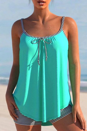 GESTREIFTES BOWKNOT CYAN SPAGHETTI-TANKINI-SET