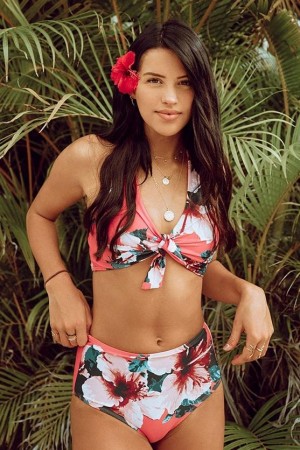Rosa Blumen Kugelhalskrawatte Vorne Kreuz Rücken Hohe Taille Zweiteiliges Bikini Set