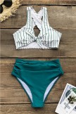 Knot Front Striped Bikini Top And Teal HighWaisted Bottom