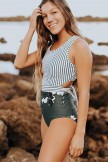 STRIPED FLORAL HIGH NECK WITH TIE ZIP ONEPIECE SWIMSUIT
