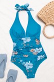 Seafoam Garden Shirred Front V Neck One Piece Swimsuit