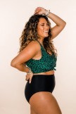 GREEN LEOPARD PRINT SCOOP NECK TIE FRONT HIGH WAIST TWO PIECE BIKINI SET