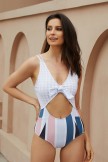 Gingham And Striped Tie Front Onepiece Swimsuit