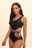 Black One Shoulder Animal Print Tie Waist OnePiece Swimsuit