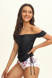 Black Long Off Shoulder  Side Tie Tankini Set