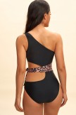 Black One Shoulder Animal Print Tie Waist OnePiece Swimsuit