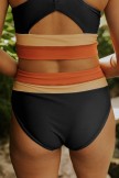 Black U Neck Striped Cross Over Two Piece Bikini Set With High Waist