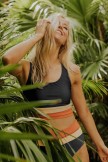 Black U Neck Striped Cross Over Two Piece Bikini Set With High Waist