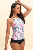 Pink Leaf Print High Neck Tankini Set
