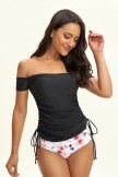 Black Long Off Shoulder  Side Tie Tankini Set