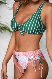 Striped And Floral Knotted Bikini Set